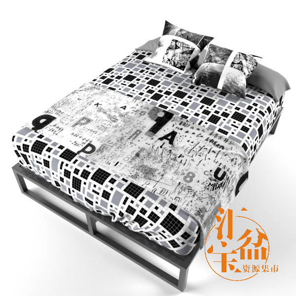 水墨灰格子双人床3D模型