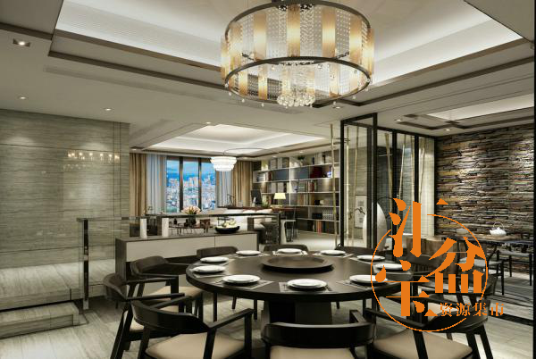 现代中式豪华餐厅全景模型