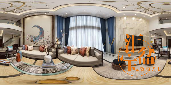 新中式古典客厅空间全景模型