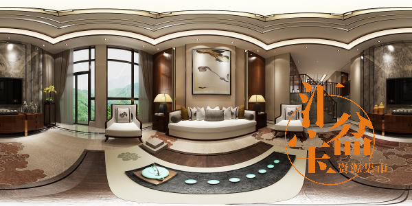 新中式简式客厅空间全景模型