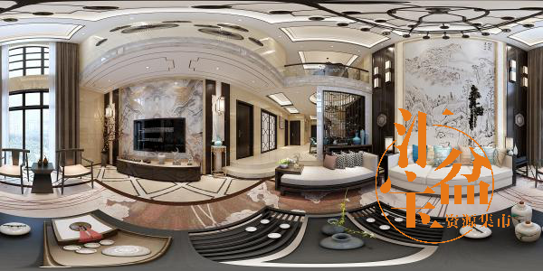 新中式精品客厅空间全景模型