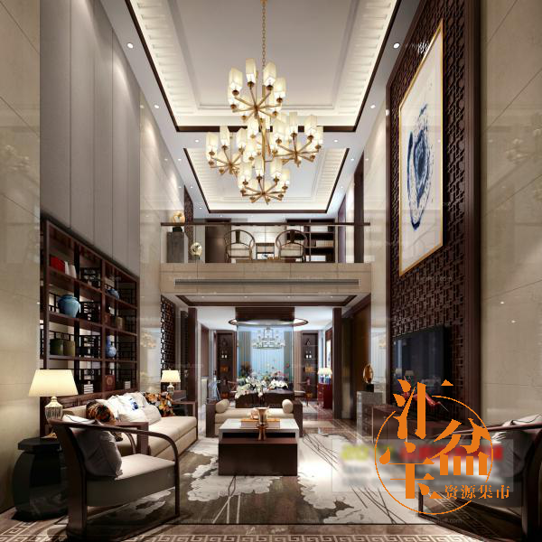 中国风古典唯美别墅客厅全景模型