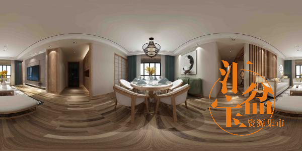 新中式木地板客餐厅全景模型