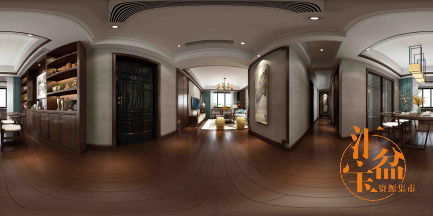 新中式风格木地板客餐厅全景模型