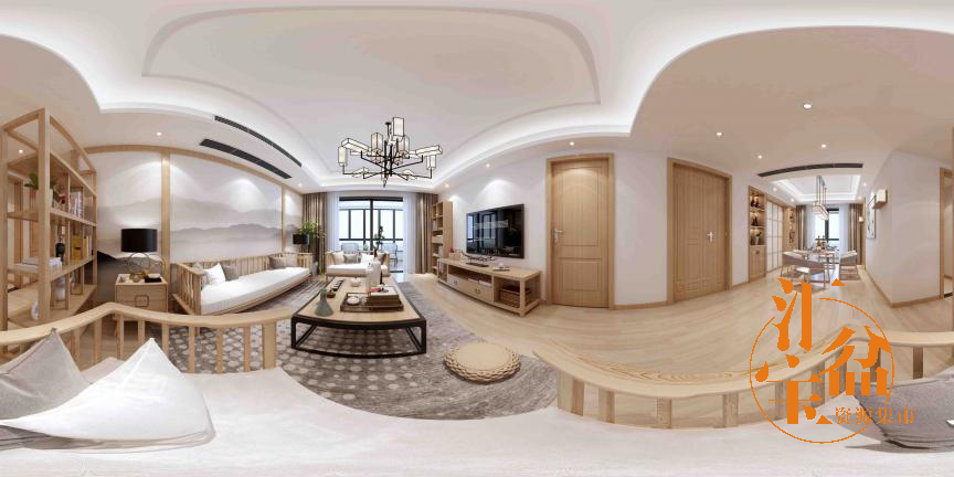 新中式木质空间客餐厅全景模型