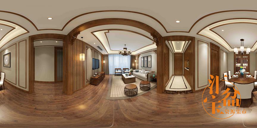 新中式木質雅致客餐廳全景模型
