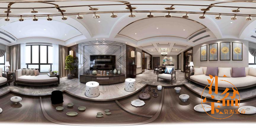 新中式特色天花板客餐厅全景模型