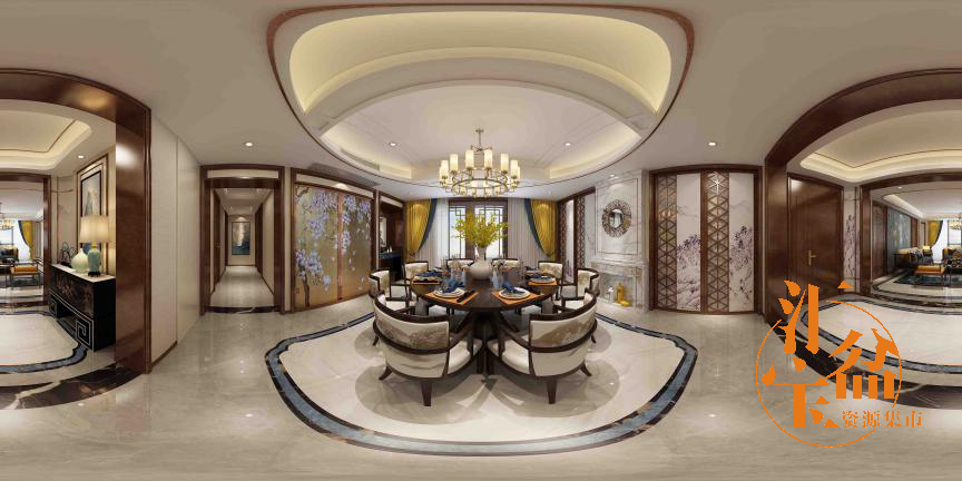 新中式华丽客餐厅全景模型