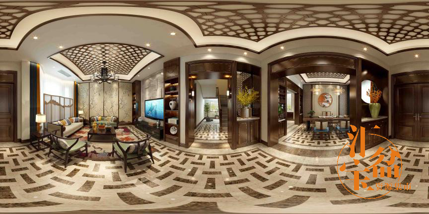 新中式带纹路地板客餐厅全景模型