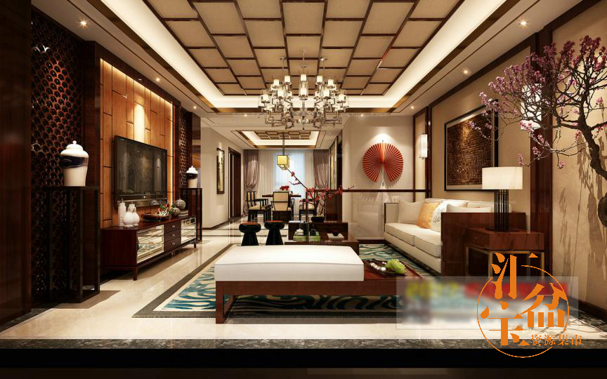 中式豪华精致古典客厅全景模型