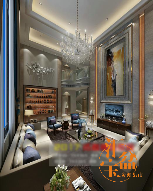 新中式经典豪华别墅客厅全景模型