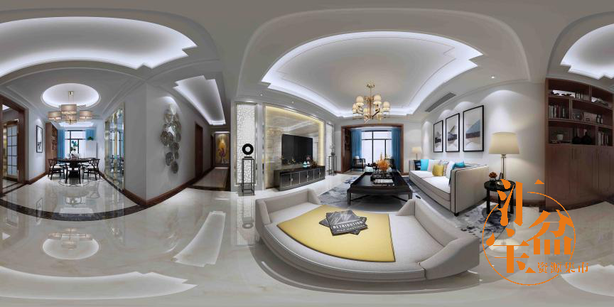 新中式带白沙发客餐厅全景模型