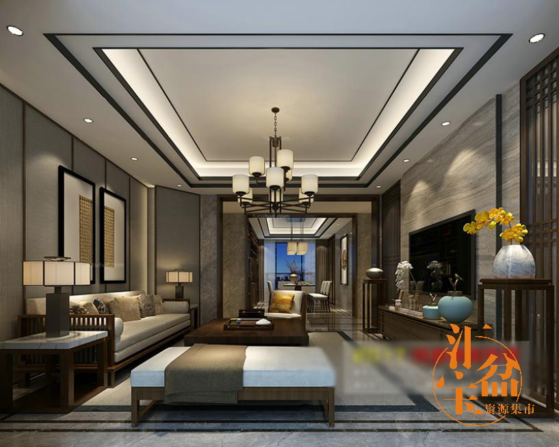 中式古典清雅温馨客厅全景模型