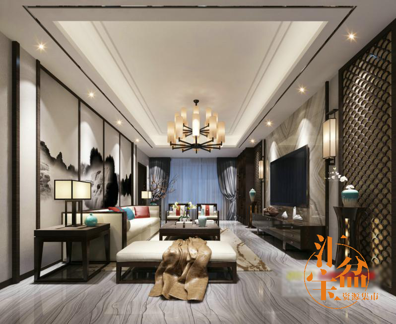 中式奢华水墨古典客厅全景模型