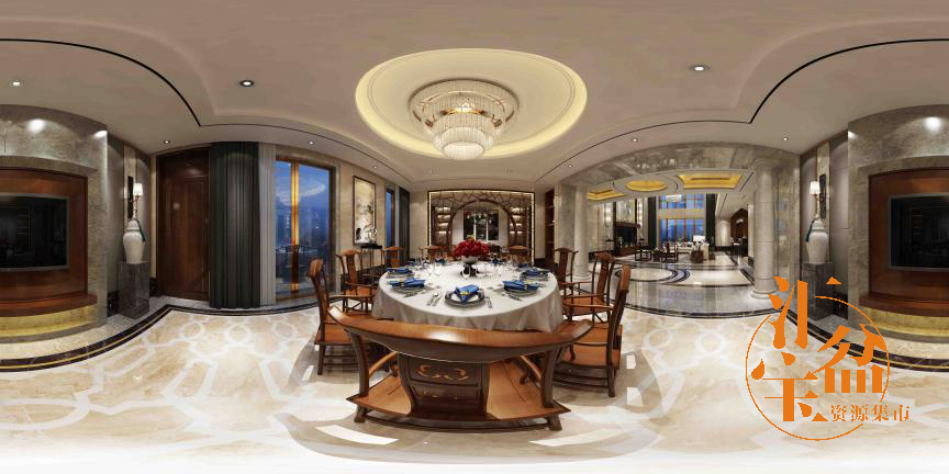 新中式大餐桌客餐厅全景模型
