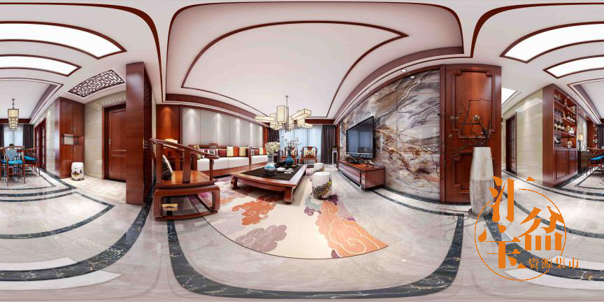 新中式云彩地毯客餐厅全景模型