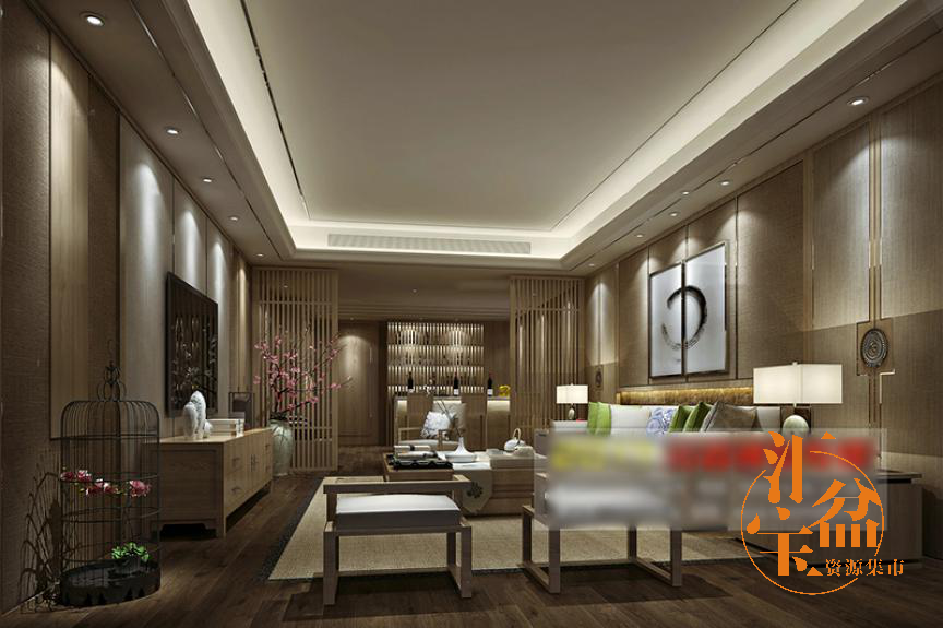 中式古典文艺优雅客厅全景模型