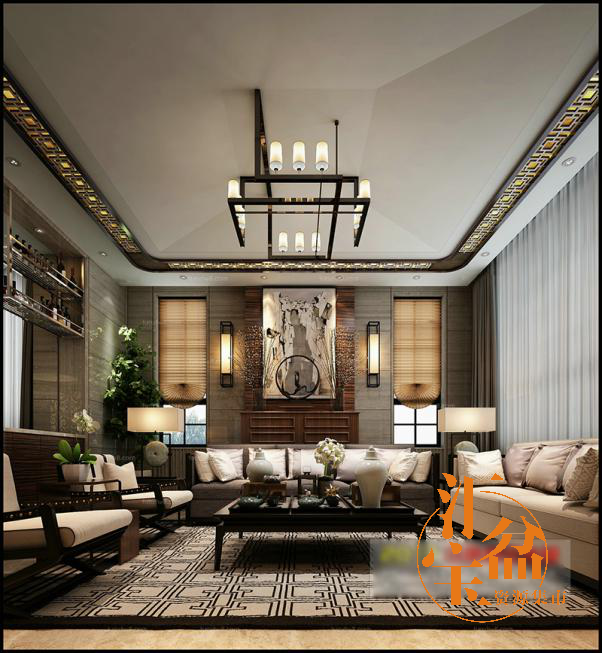 中式复古奢华精致客厅全景模型