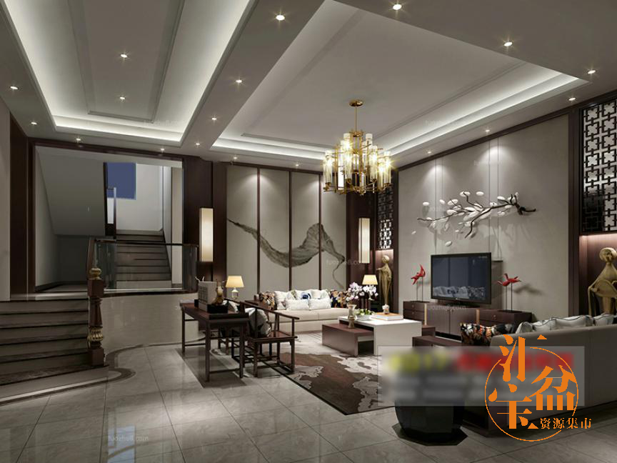 中式复古恬静舒适客厅全景模型