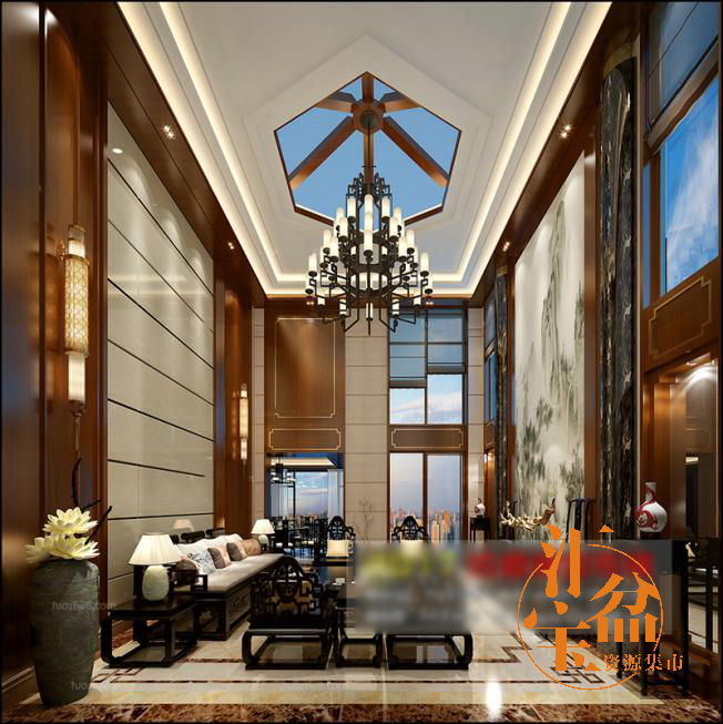 中式古典豪华大气别墅客厅全景模型