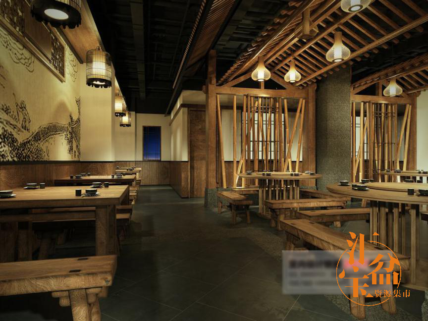原木小清新中餐厅场景整体模型