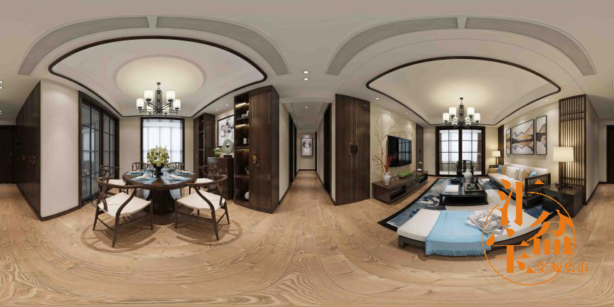 新中式木质纹路地板客餐厅全景模型