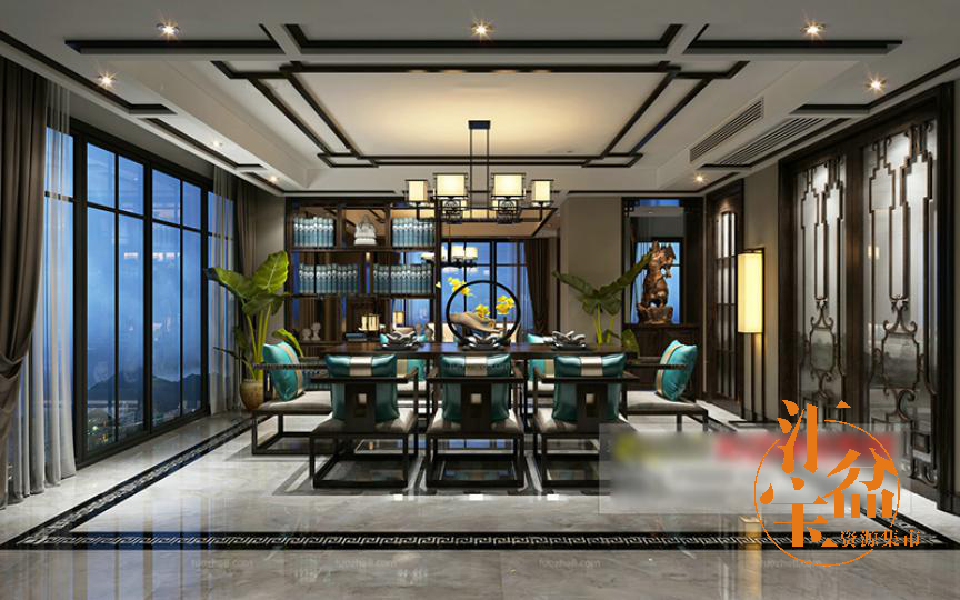 中式古典豪华优雅餐厅全景模型