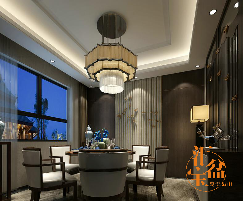 中式古典温馨浪漫餐厅全景模型