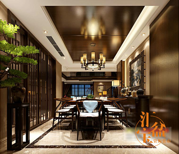 中式古典精品豪华餐厅全景模型