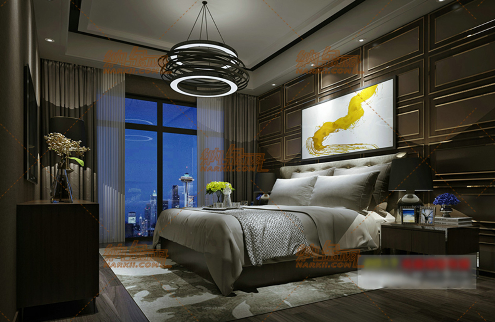 现代简洁温馨卧室全景模型