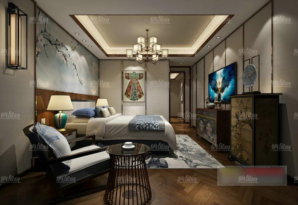 中式古典梅园元素卧室全景模型