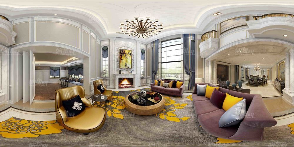 欧式带金色沙发客餐厅全景模型