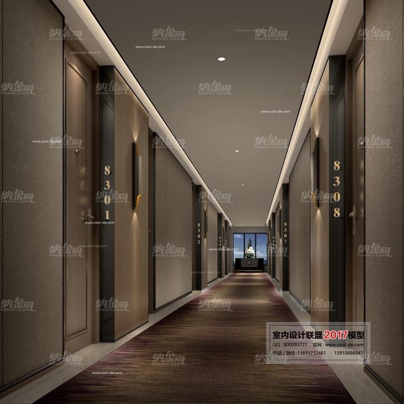 酒店欧式客房走廊全景模型