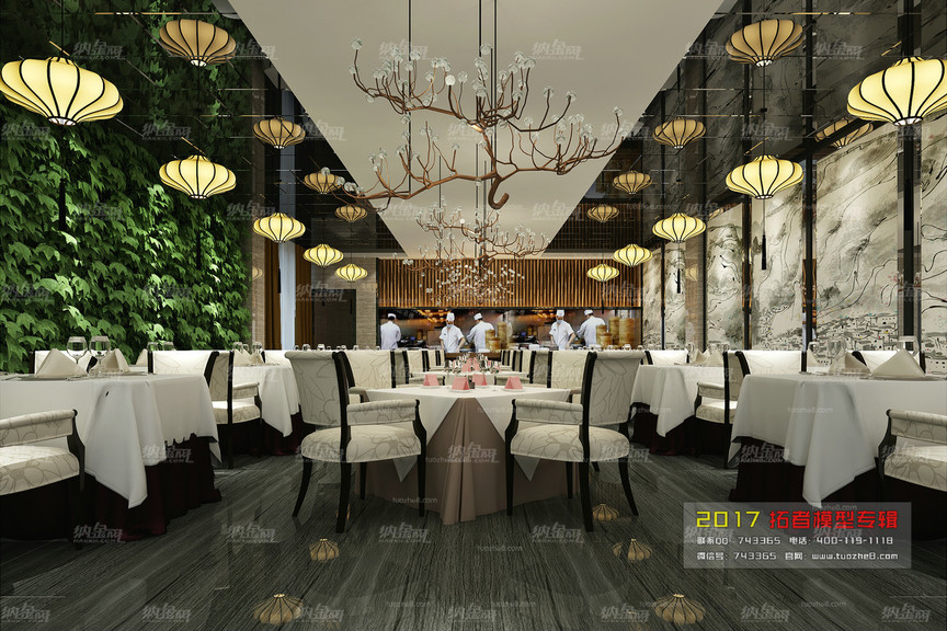 现代奢华餐厅空间全景模型