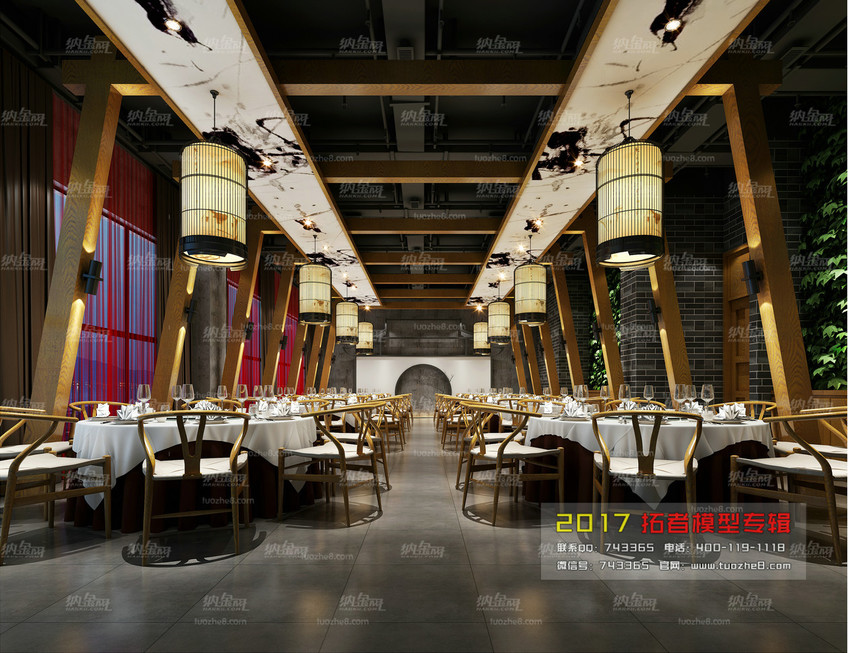 现代日式餐厅空间全景模型