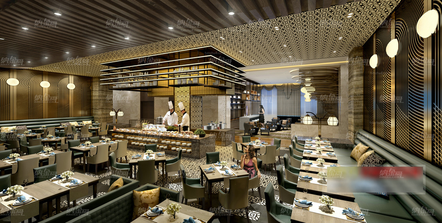 新中式经典自助餐厅空间全景模型