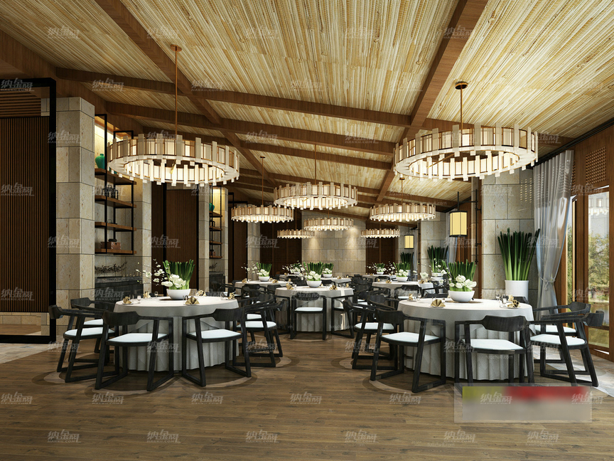 新中式精致餐厅空间全景模型