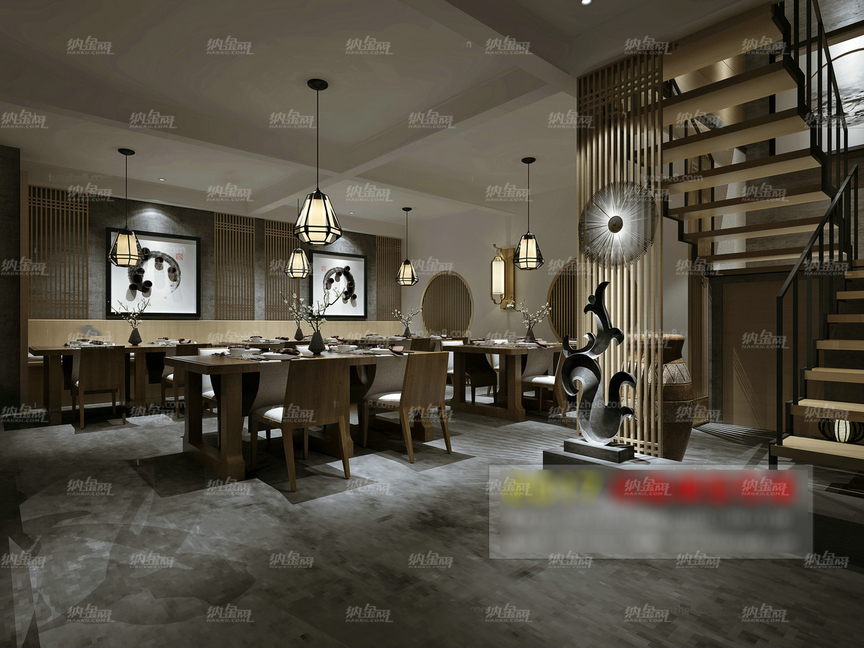 中国文墨风餐厅空间全景模型