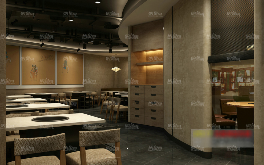中式壁画韵味中餐厅全景模型