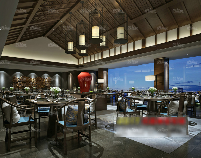 中国客栈风餐厅空间全景模型