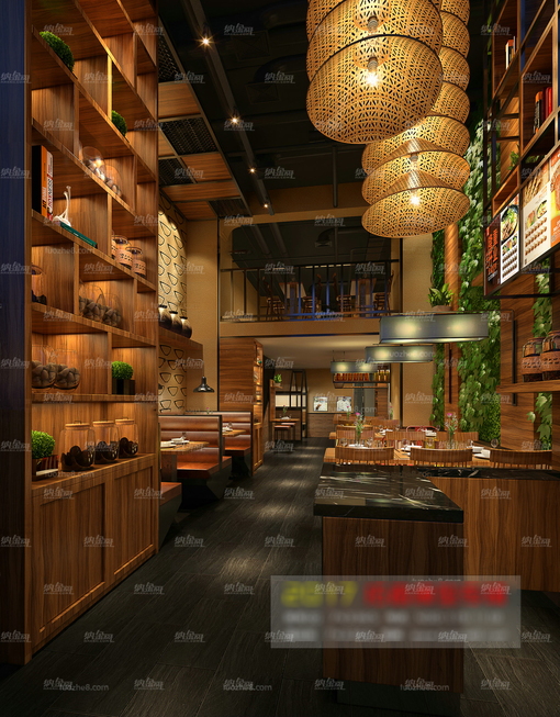 现代木质简约餐厅空间全景模型