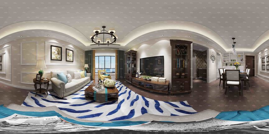 美式带蓝白条纹地毯客餐厅全景模型