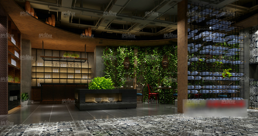 新中式森林韵味餐厅空间全景模型