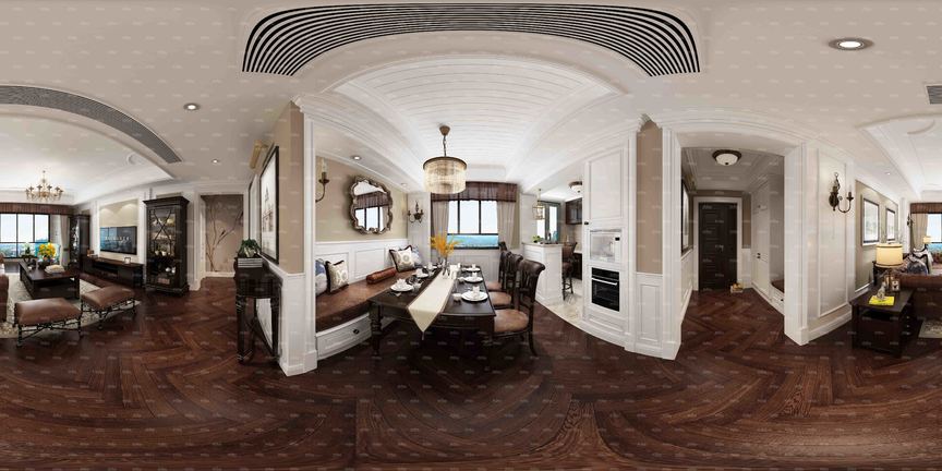 美式帶深色木地板客餐廳全景模型