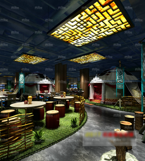 现代森林主题餐厅空间全景模型