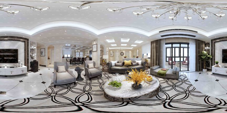 新古典带圆圈图案地毯客餐厅全景模型