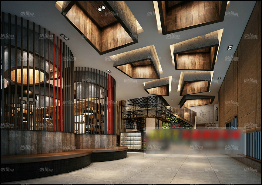 新中式圆木包间餐厅空间全景模型