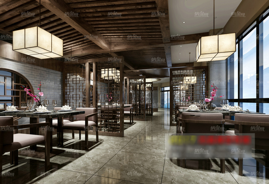 新中式雅致梅花林餐厅空间全景模型