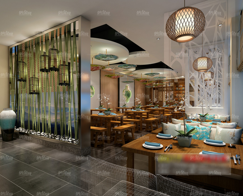 新中式古典竹林餐厅空间全景模型