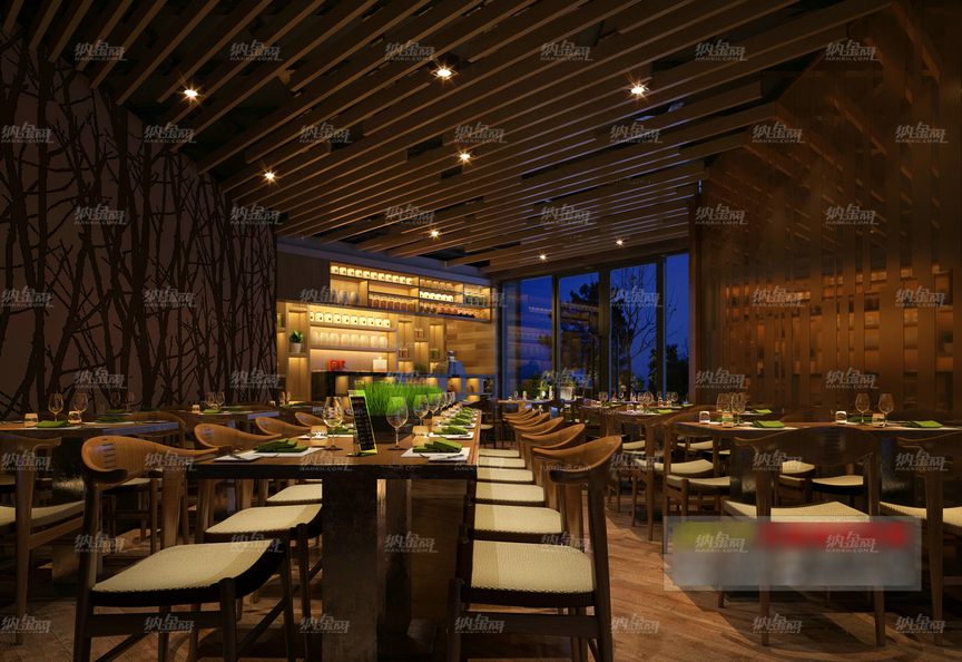 现代红木树林主题餐厅空间全景模型